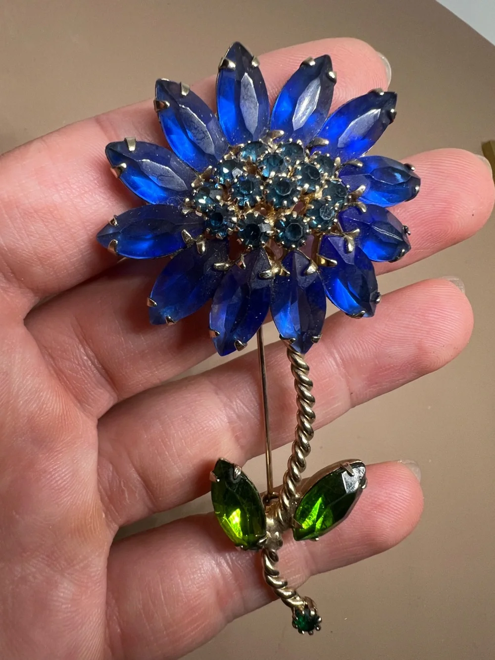WEISS Signed Blue and Green Floral Crystal Brooch